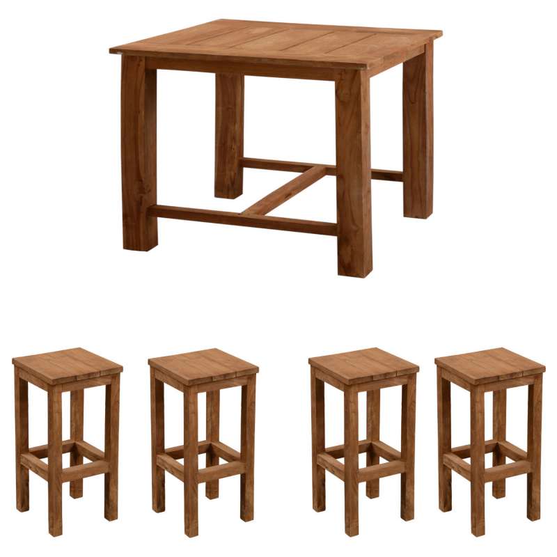 Inko 5-teilige Bar-Sitzgruppe Abacus recyceltes Teak 120x80x108 cm mit 4 Barhockern