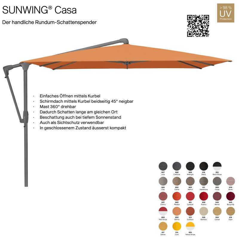GLATZ Sonnenschirm SUNWING® CASA quadratisch 270 x 270 cm Gestell anthrazit in 26 Farbvarianten