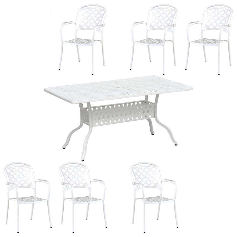 Inko 7-teilige Sitzgruppe Alu-Guss weiß Tisch 150x97x74 cm cm mit 6 Sesseln