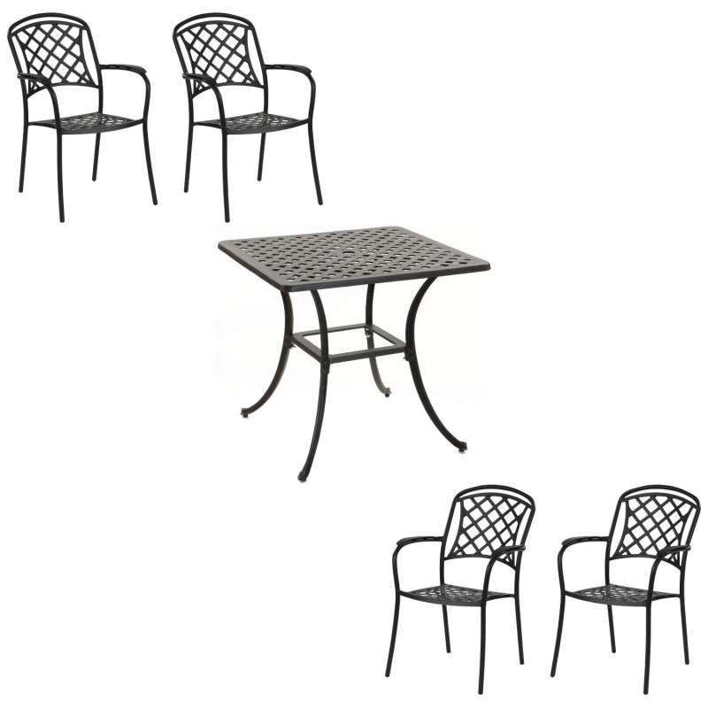Inko Tisch-Set 1 Tisch 80x80cm 4 Sessel Aluminium Guss bronze Variante wählbar