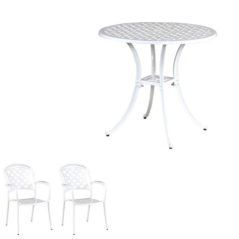 Inko 3-teilige Sitzgruppe Aluminium Guss weiß Tisch Ø 80 cm mit 2 Sesseln