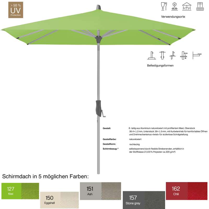 GLATZ Sonnenschirm ALU-TWIST easy quadratisch 240 x 240 cm in 5 Farben Mittelstock Stoffklasse 2
