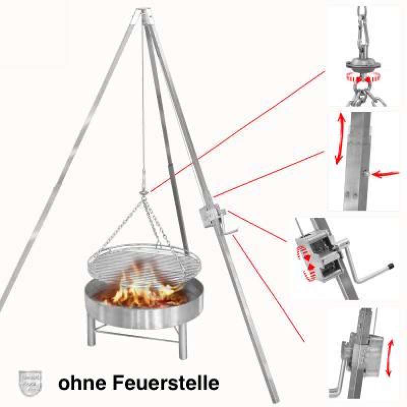 Schneider Edelstahl Dreibeingrill Schwenkgrill Höhe 200 cm mit Rost Ø 70 cm