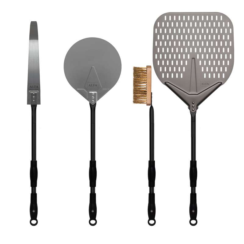 Alfa Forni Pizza Schaufel Set Large 4-teilig Grosse Schaufel, Wender, Bürste, Rakel AC-SETPALE