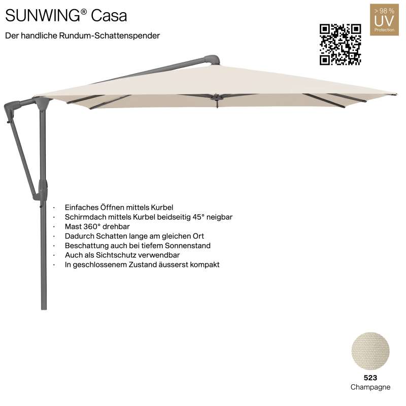 GLATZ Sonnenschirm SUNWING® CASA rechteckig 300 x 240 cm Gestell anthrazit Farbe 523 Champagne Ampel