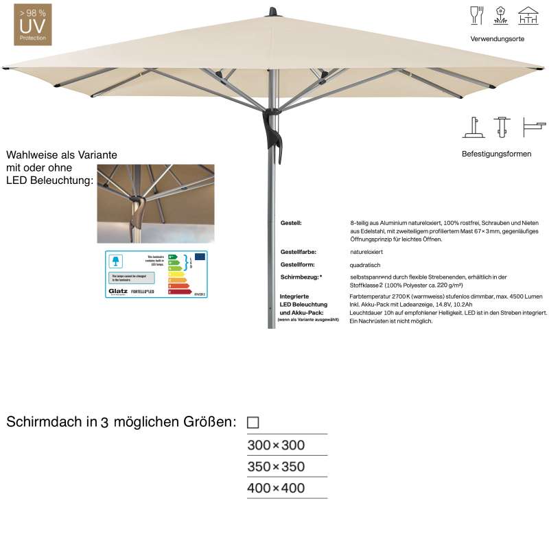 GLATZ Sonnenschirm FORTELLO® / LED 300 x 300 / 350 x 350 / 400 x 400 cm Eggshell 150 Mittelmastschir