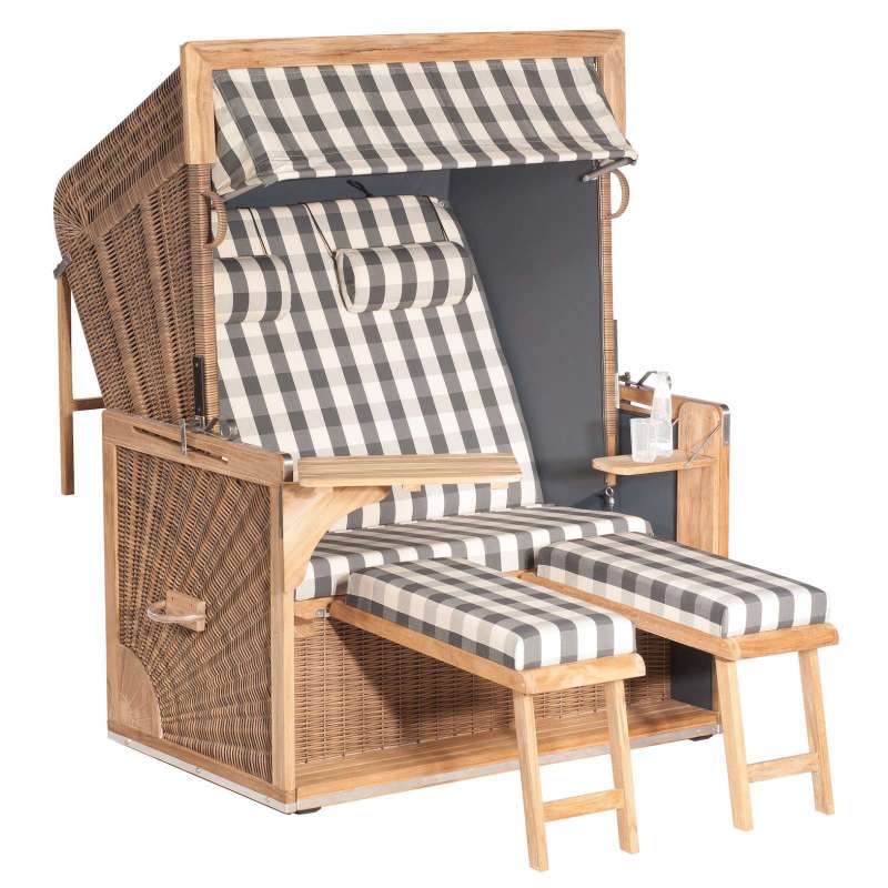 Sonnenpartner Strandkorb Admiral Teak 2-Sitzer XL 3/4-Liegemodell grau/anthrazit mit 2 Nackenrollen