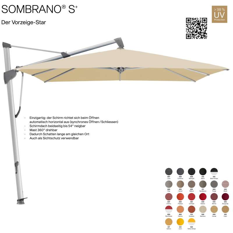 GLATZ Ampelschirm SOMBRANO® S+ quadratisch 300 x 300 cm Freiarmschirm in 26 Farben wählbar