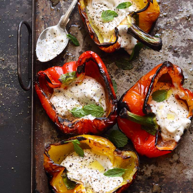 Grillrezept Beilagen und Vorspeise: Paprika gegrillt mit Minzjoghurt