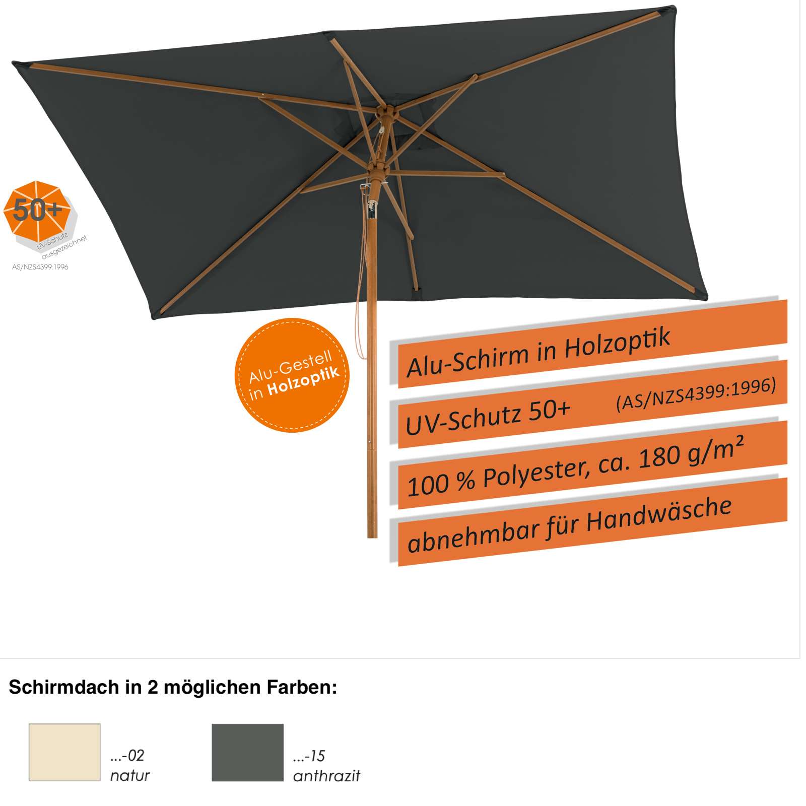 200 Schirme Malaga Farbvarianten Sonnenschirm rechteckig Schneider 2 cm 300 Mittelmastschirm x
