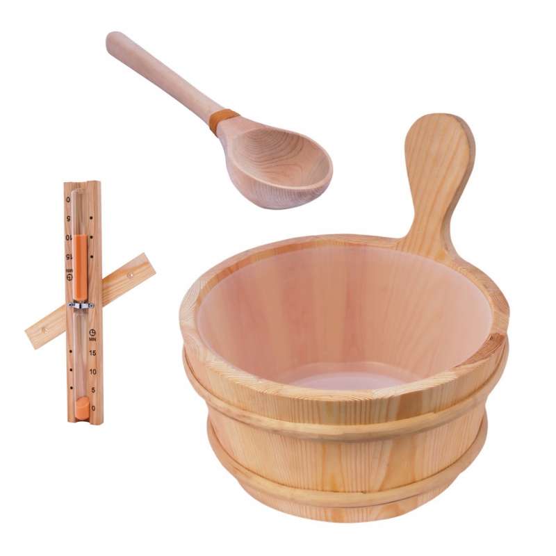 Sentiotec Sauna-Set Basic Aufgusseimer mit Saunakelle und Sanduhr aus Holz