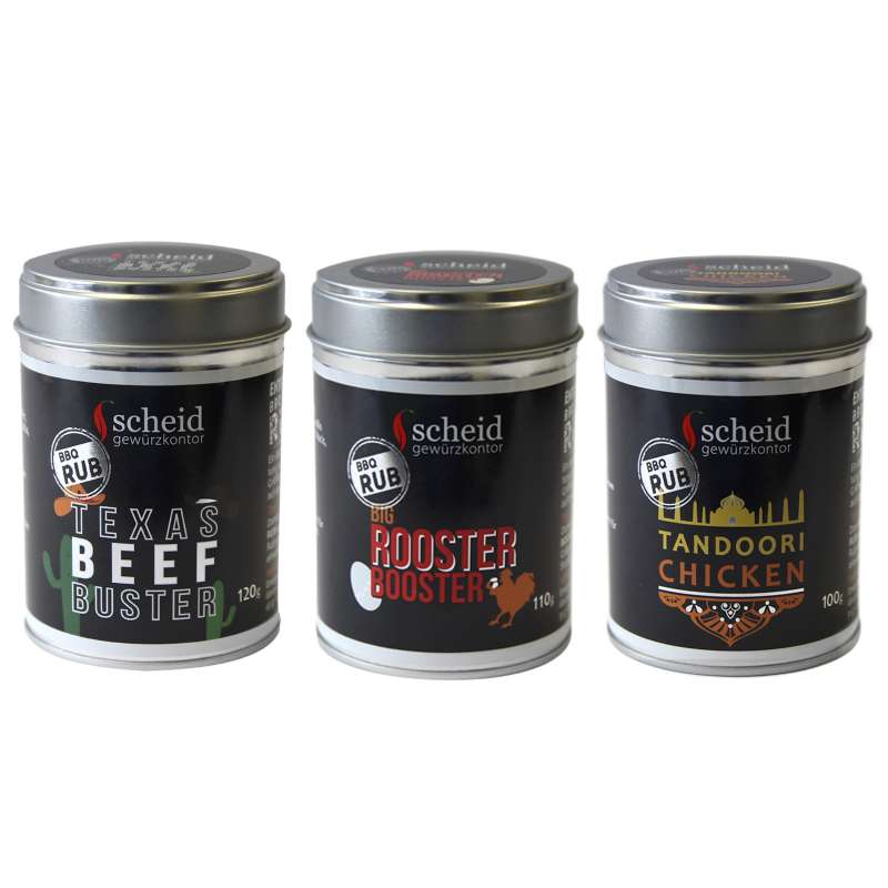 Scheid 3-teiliges BBQ-Rub Gewürz-Set Gewürzmischung Texas-Rooster-Tandoori