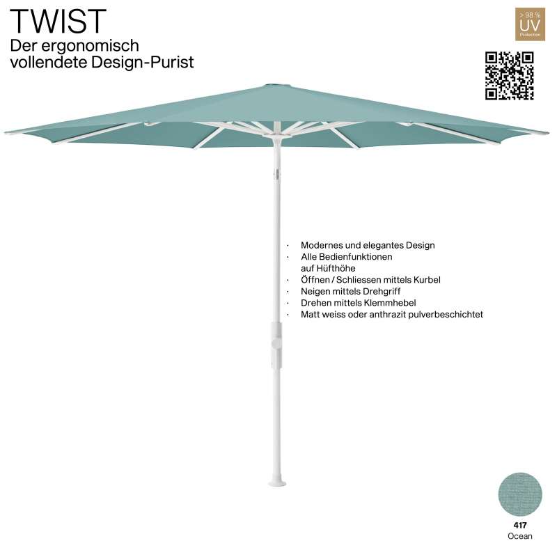 GLATZ Sonnenschirm TWIST rund ø 300 cm Gestell matt weiss Stoff Farbe 417 Ocean Mittelmastschirm