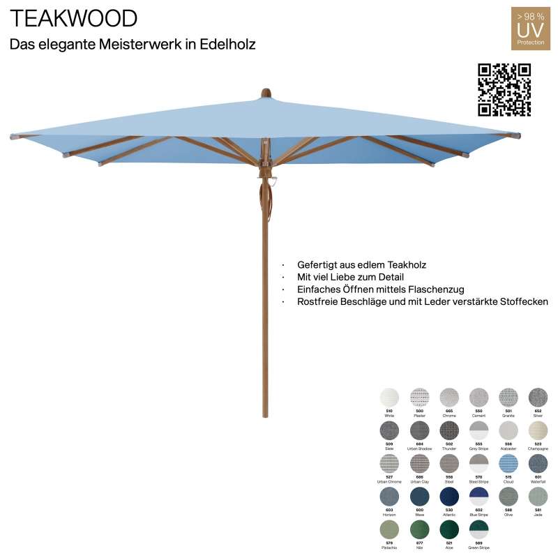 GLATZ Sonnenschirm TEAKWOOD eckig 330 x 330 cm Mittelmastschirm 28 Farbvarianten