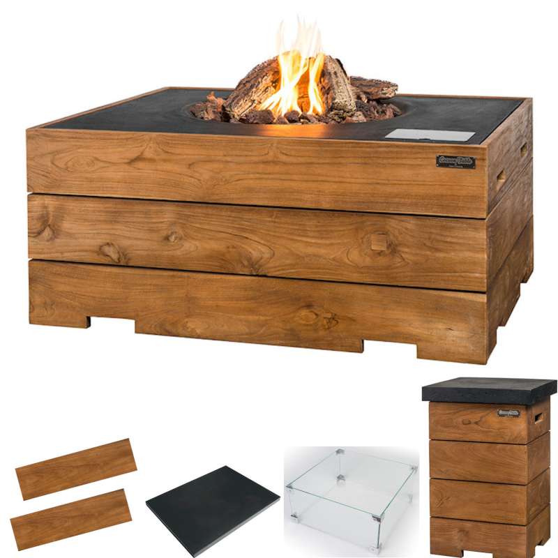 Happy Cocooning Mania Feuertisch Komplettset 19,5 kW rechteckig 107x80x46 cm Teakholz/schwarz