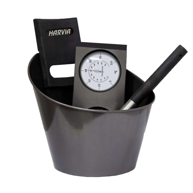 Harvia Sauna Zubehörset Black Steel Saunakübel Kelle Thermo-Hygrometer Edelstahl