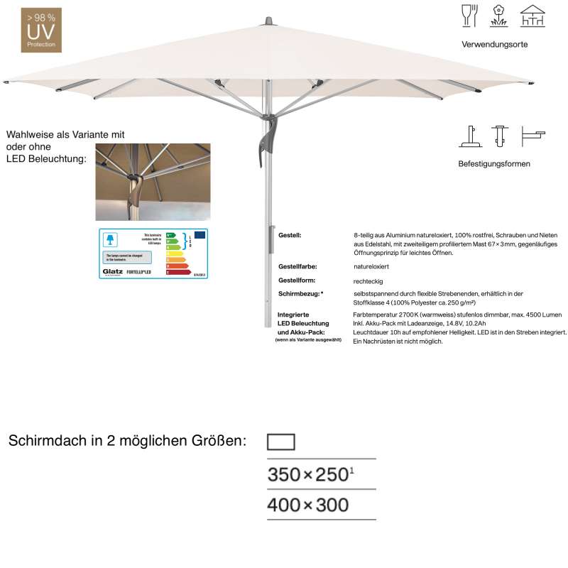 GLATZ Sonnenschirm FORTELLO® / LED rechteckig 400 x 300 cm Vanilla 453 Mittelmastschirm