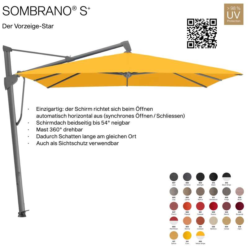 GLATZ Ampelschirm SOMBRANO® S+ quadratisch 350 x 350 cm Freiarmschirm in 26 Farben wählbar