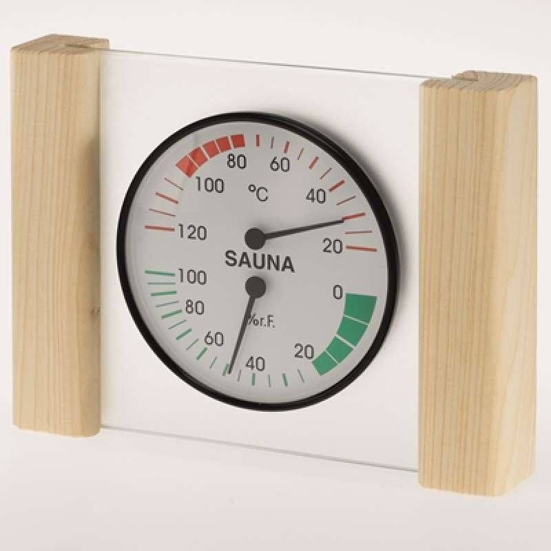 Infraworld Klimamesser mit Glas Holzrahmen in Fichte Sauna Thermometer Hygrometer