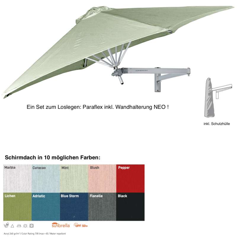 Umbrosa Paraflex ø 300 cm Wandschirm SET inkl. Halterung NEO Sonnenschirm 10 Farbvarianten