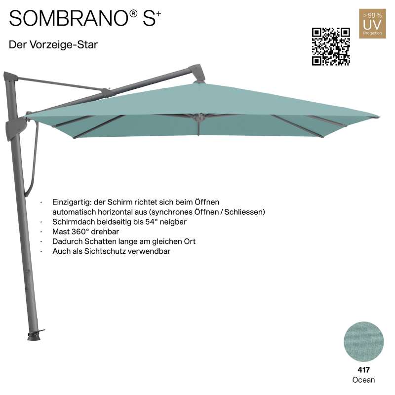 GLATZ Ampelschirm SOMBRANO® S+ quadratisch 350 x 350 cm Freiarmschirm Farbe 417 Ocean
