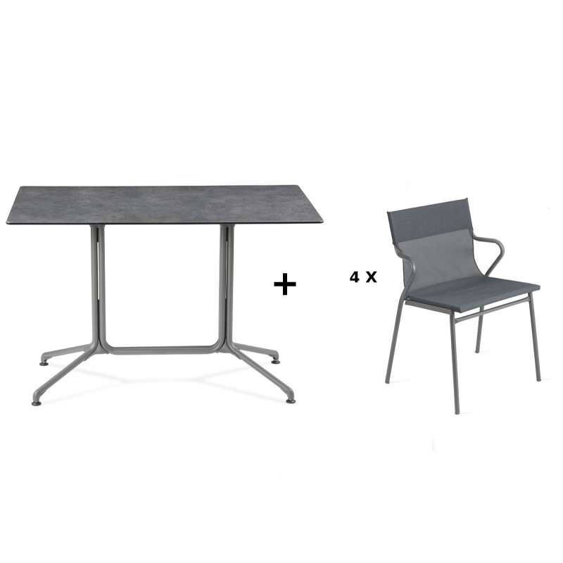 Lafuma Horizon Tisch-Set Loungetisch 115x70x74,5 cm Mineral 4 Stühle Storm Grey