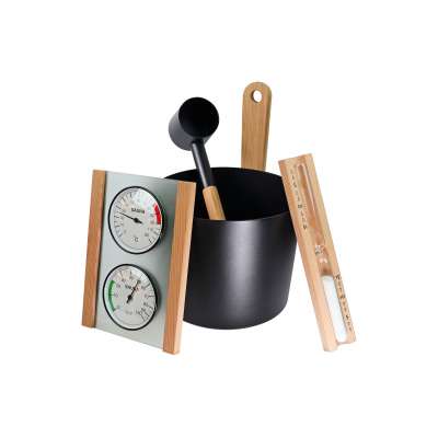 Infraworld Saunaset Nova 4tlg. Aufgusseimer Saunakelle Klimamessstation Sanduhr Infraworld Saunaset Nova 4tlg. Aufgusseimer Saunakelle Klimamessstation Sanduhr