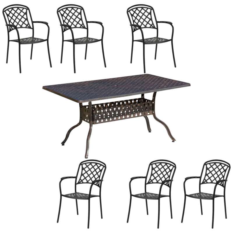 Inko 7-teilige Sitzgruppe Alu-Guss bronze Tisch 150x97x74 cm cm mit 6 Sesseln