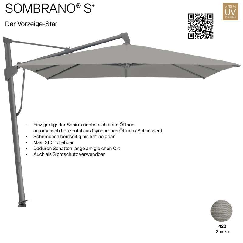GLATZ Ampelschirm SOMBRANO® S+ quadratisch 300 x 300 cm Freiarmschirm Farbe 420 Smoke