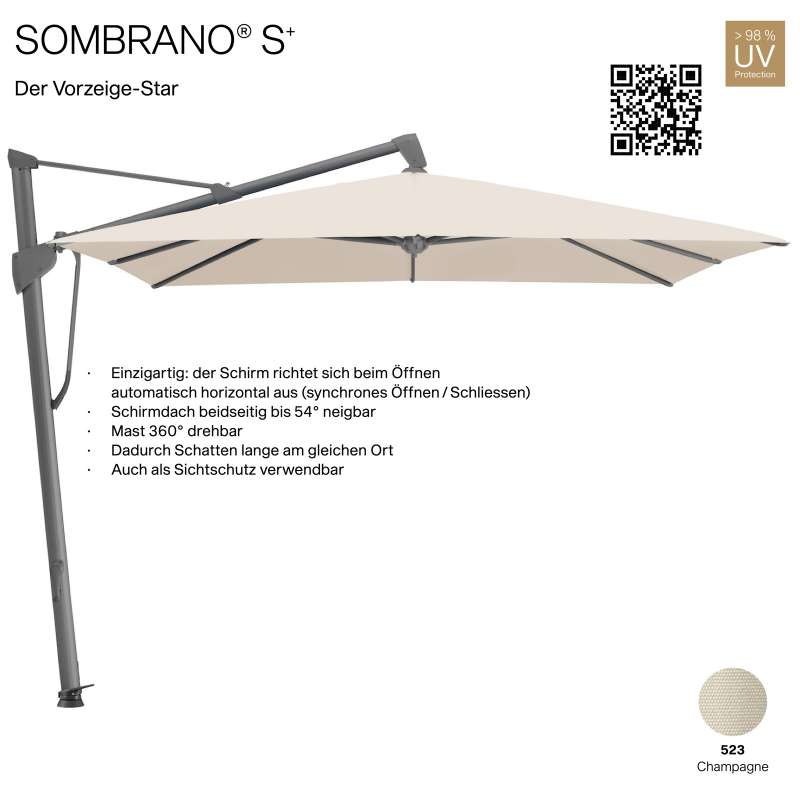 GLATZ Ampelschirm SOMBRANO® S+ quadratisch 400 x 300 cm Freiarmschirm Farbe 523 Champagne