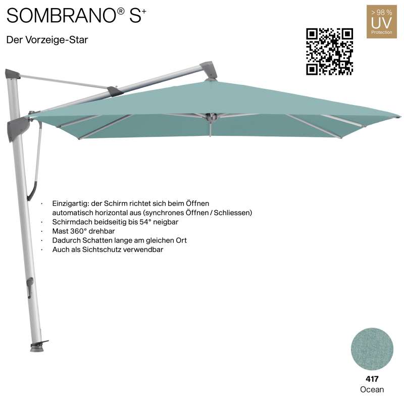 GLATZ Ampelschirm SOMBRANO® S+ quadratisch 300 x 300 cm Freiarmschirm Farbe 417 Ocean