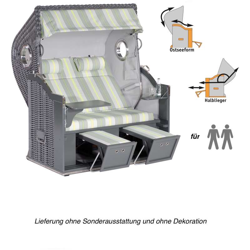Sonnenpartner Strandkorb Classic 2-Sitzer XL Halbliegemodell grau mit 2 Bullaugen und LED-Beleuchtun