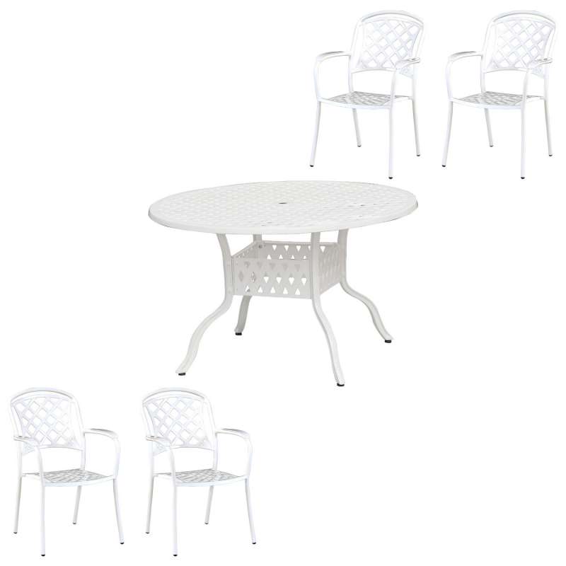 Inko 5-teilige Sitzgruppe Aluminium Guss weiß Tisch Ø 120 cm mit 4 Sesseln