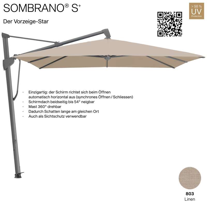 GLATZ Ampelschirm SOMBRANO® S+ quadratisch 350 x 350 cm Freiarmschirm Farbe 803 Linen
