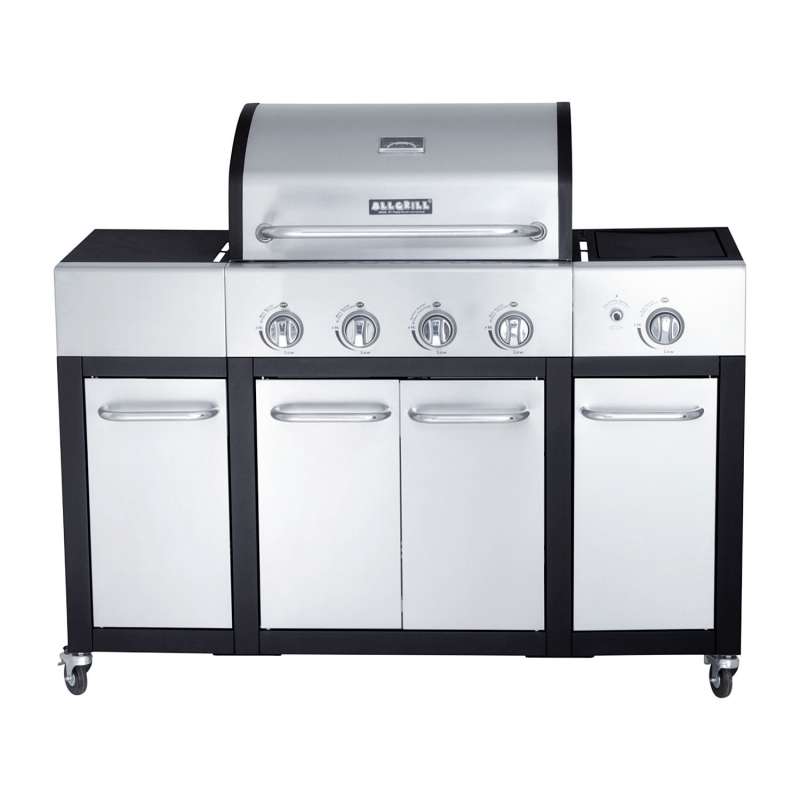 Allgrill Basic-Line Major Edelstahl/schwarz Gasgrill mit 4 Brennern, Seitenkocher und Seitentischen