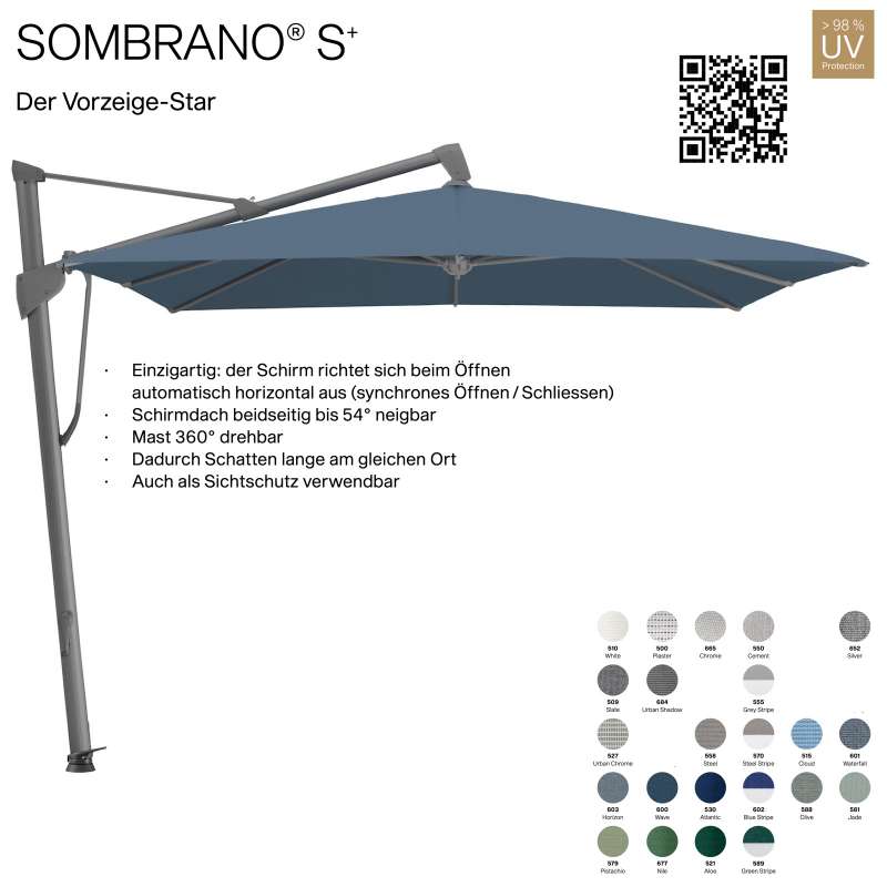 GLATZ Ampelschirm SOMBRANO® S+ quadratisch 350 x 350 cm Freiarmschirm in 23 Farben wählbar