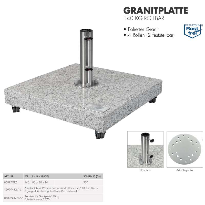 Doppler Granitplatte rollbar Granitsockel 140 kg Schirmsockel 80 x 80 x 14 cm mit Rollen