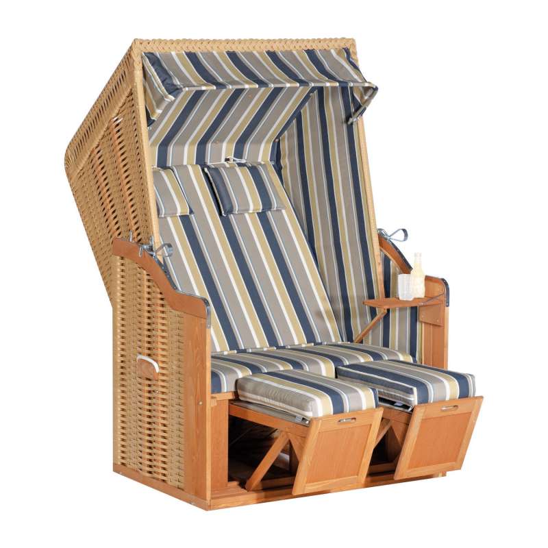 SunnySmart Garten-Strandkorb Rustikal 50 PLUS 2-Sitzer beige/blau mit Kissen