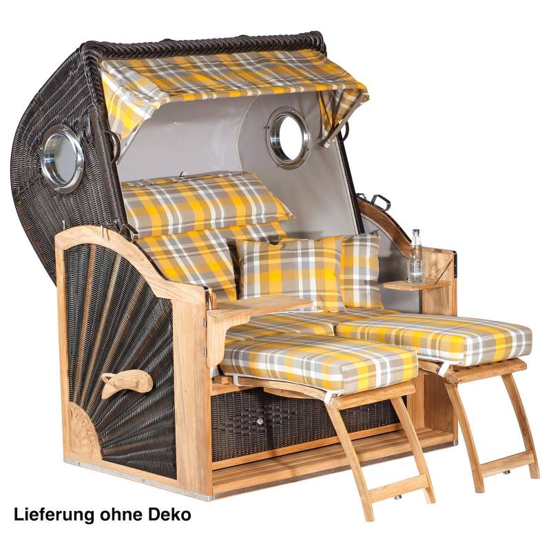 Sonnenpartner Strandkorb Diplomat Teak XL 3/4 Liegemodell cafébraun Oxford gelb