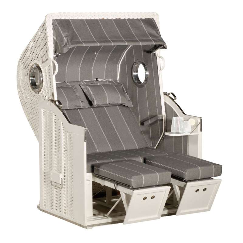 Sonnenpartner Strandkorb Classic 2-Sitzer Halbliegemodell weiß/grau mit Bullaugen