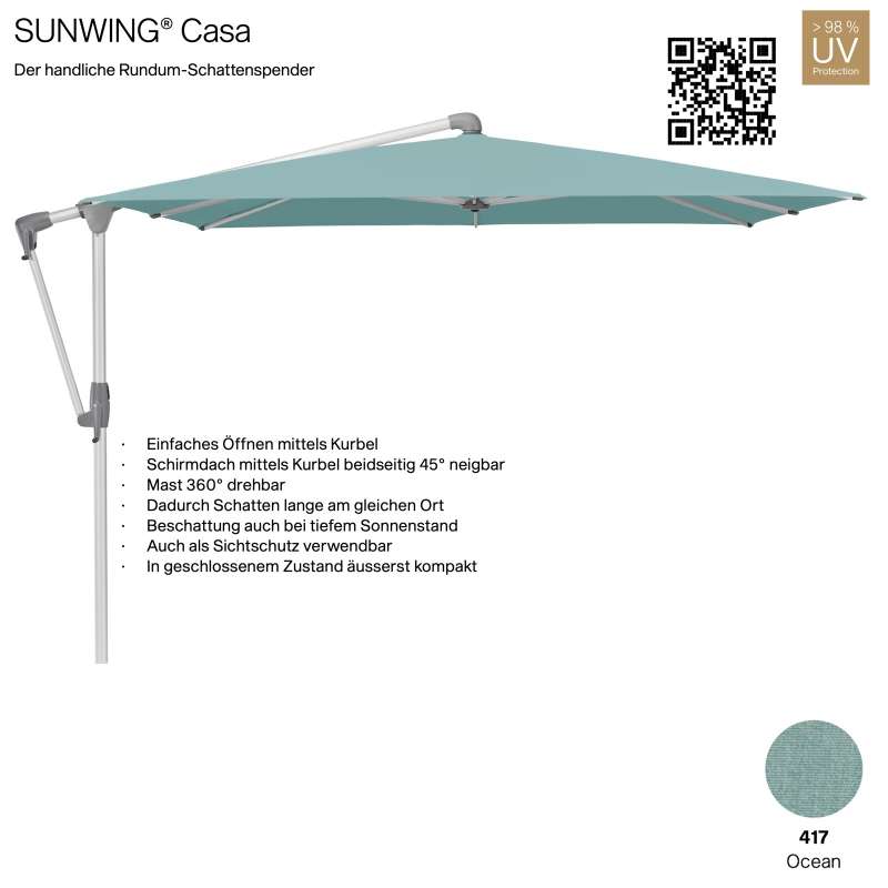 GLATZ Sonnenschirm SUNWING® CASA rechteckig 300 x 240 cm Gestell natureloxiert Farbe 417 Ocean Ampel