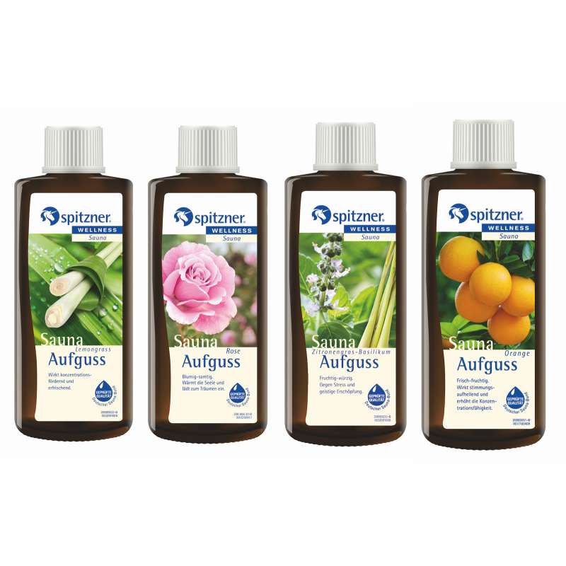 Spitzner Saunaaufguss 4 Düfte Lemongras Rose Zitronengras-Basilikum Orange 4x 190 ml