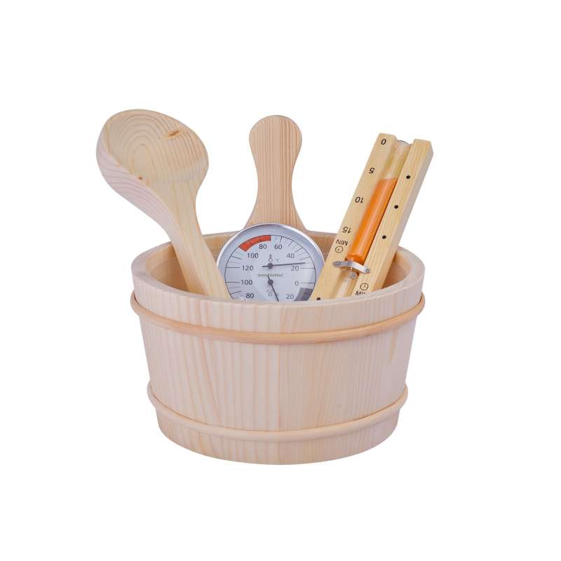 Harvia Saunazubehör Set BASIC 5-teilig Saunakübel Holzkelle Sanduhr Thermohygrometer