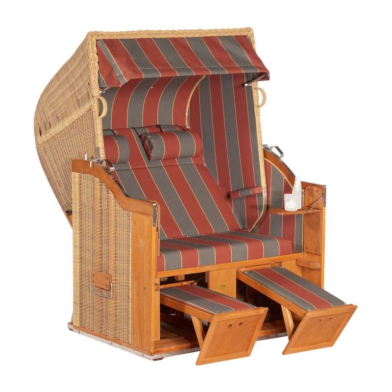 Sonnenpartner Strandkorb Classic 2-Sitzer Halbliegemodell rattanoptik/rot/grau mit Sonderausstattung