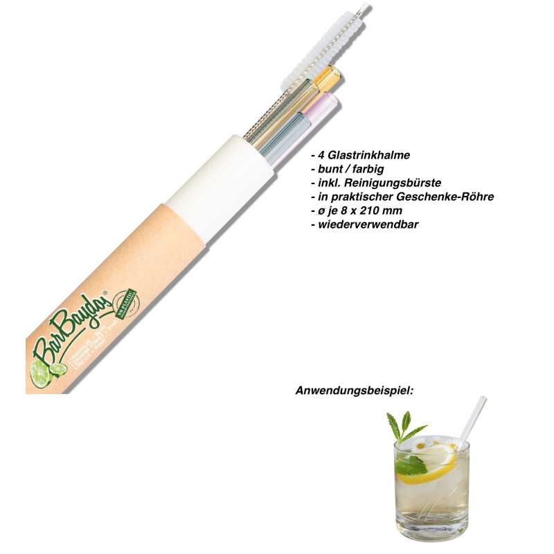 Contento Glastrinkhalm 4er Set inkl. Reinigungsbuerste Barbaydos bunt Geschenkeset Getränkehalm