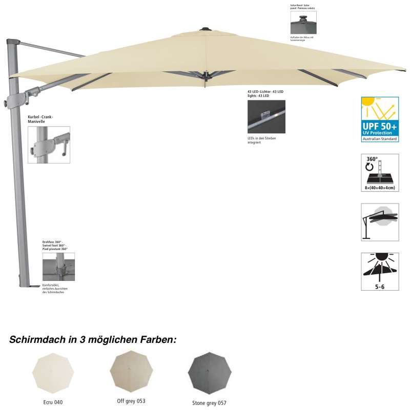 GLATZ Sonnenschirm SUNCOMFORT® Varioflex Solar 300 x 300 cm 3 Farbvarianten