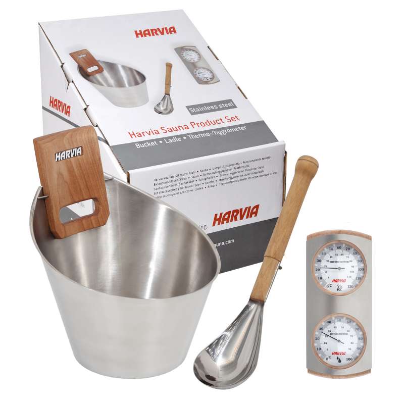 Harvia Zubehörpaket SA006 Saunakübel Schöpfkelle Thermometer Edelstahl Zubehör Set