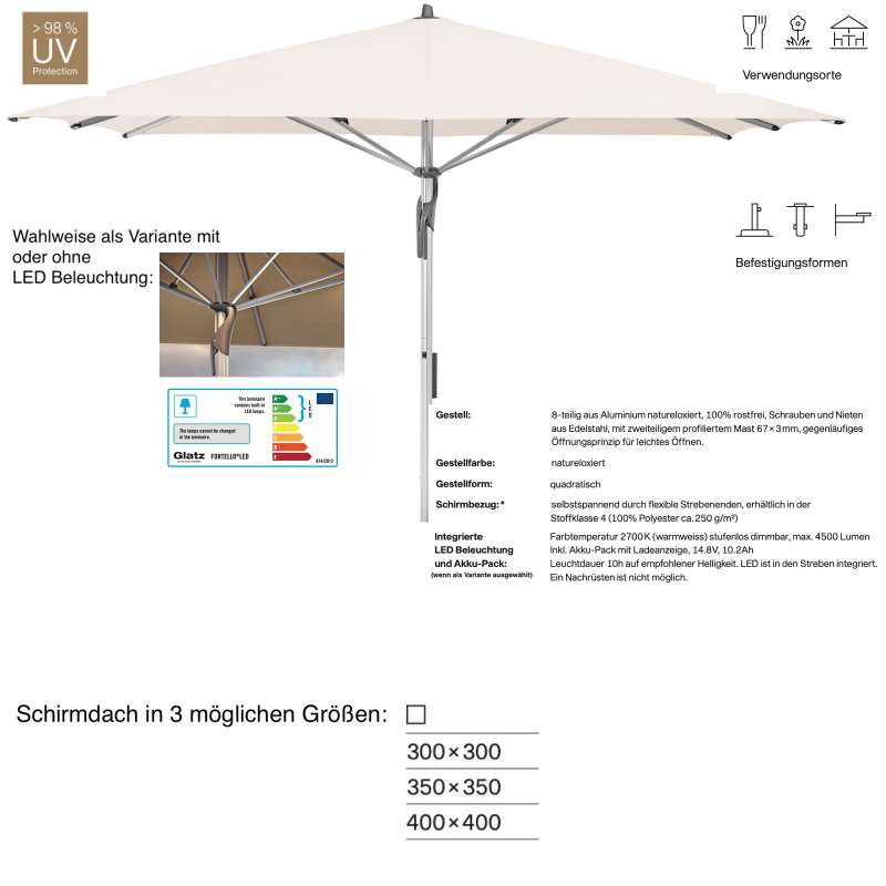 GLATZ Sonnenschirm FORTELLO® / LED 300 x 300 / 350 x 350 / 400 x 400 cm Vanilla 453 Mittelmastschirm
