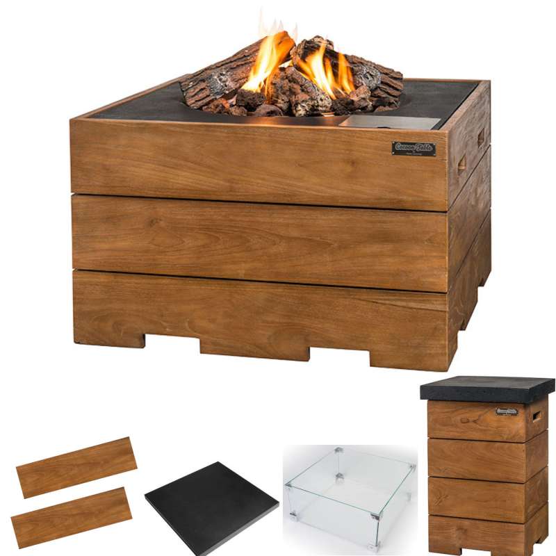 Happy Cocooning Mania Feuertisch Komplettset 19,5 kW quadratisch groß 76x76x46 cm Teakholz/schwarz