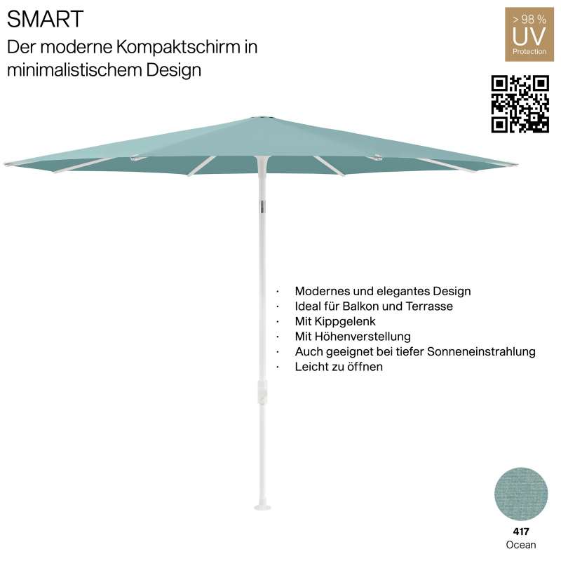 GLATZ Sonnenschirm SMART rund ø 220 cm Gestell matt weiss Stoff Farbe 417 Ocean Mittelmastschirm